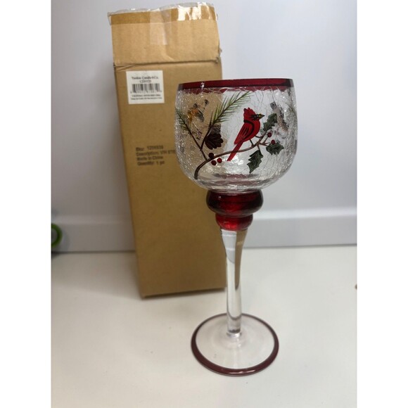 NEW Yankee Candle Crackled Glass Votive STEM Candleholder WINTER Birds 8.5”H - Picture 1 of 8